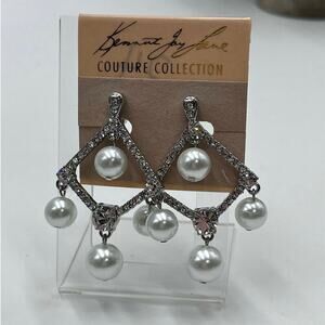 Kenneth Jay Lane White Pearl Crystal‎ Silver Tone Chandelier Clip Earrings New